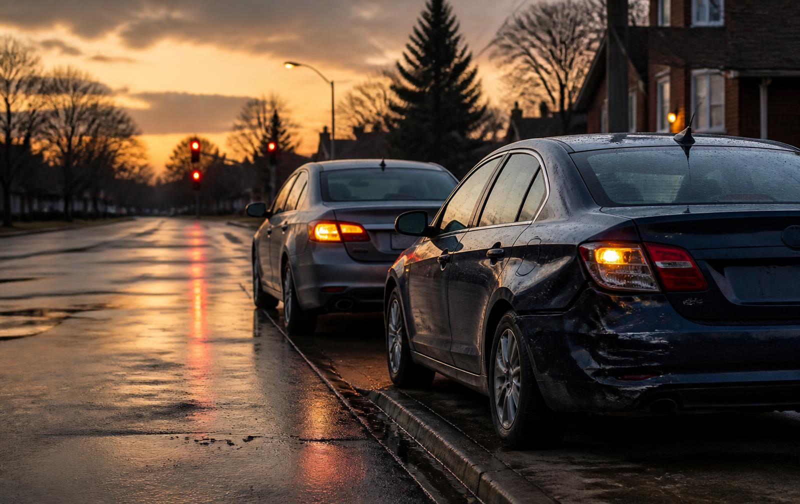 Quiet intersection after a minor two-vehicle collision at dusk